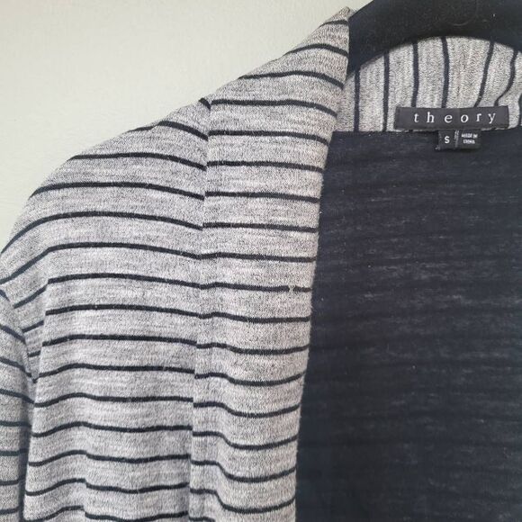 Theory Womens Small Open Front Cardigan Black Gray Stripe Ruched Long Sleeves - Picture 3 of 9